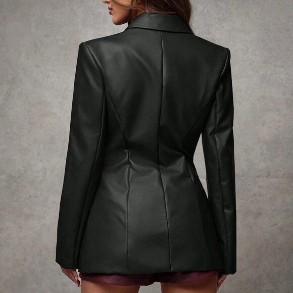 Black Elegant Women's Cinched Waist Faux Leather Blazer Jacket - Picture 5 of 7
